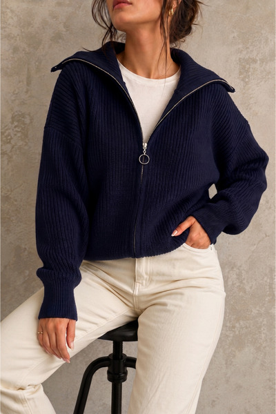 Lintersia Women's Turn-Down Collar Thessaloniki Knit Zippered Knitwear Cardigan