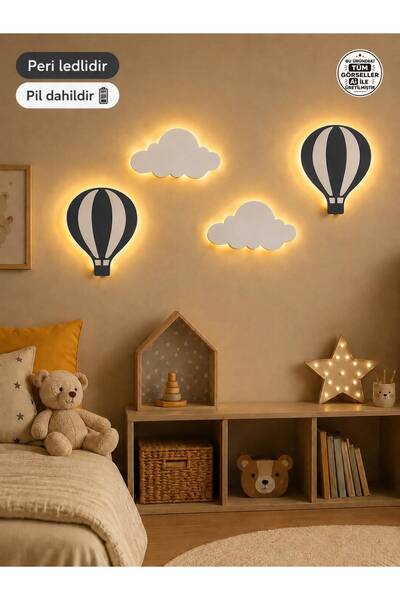 Windly Concept LED Işıklı Sıcak Hava Balonu ve Bulut Duvar Süsü Seti MDF Bebe...