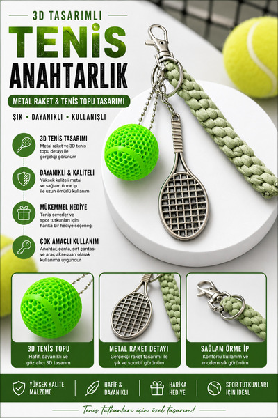 Dinç Spor Metal Raket Anahtarlık Pro Mini Tenis Seti Yeşil Toplu Çanta Aksesuarı