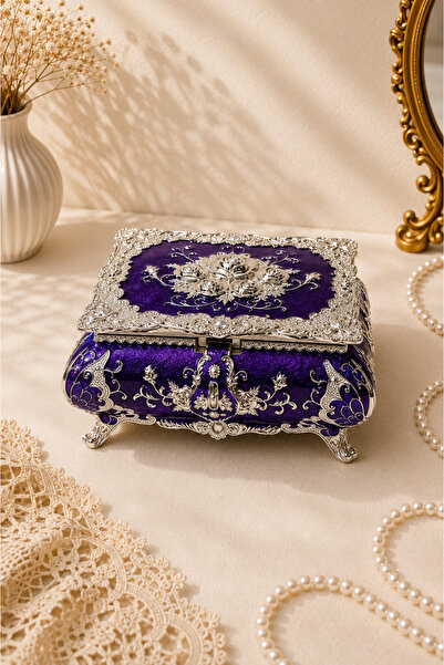 RASHA COLLECTION Silver Detailed Purple Vintage Jewelry Box with Lid and Mirror