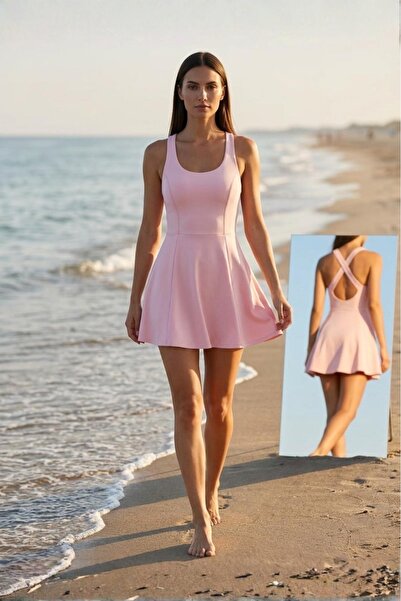 Grenj Fashion Pembe Scuba/Dalgıç 2 Katmanlı İçi Şortlu Tenis Örme Spor Elbise