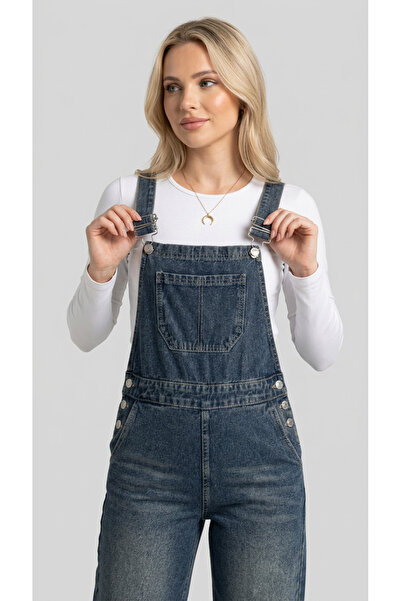harmony factory Kadın Yüksek Bel Wide Leg Askılı Kot Salopet Tulum Bahçıvan Pantolon