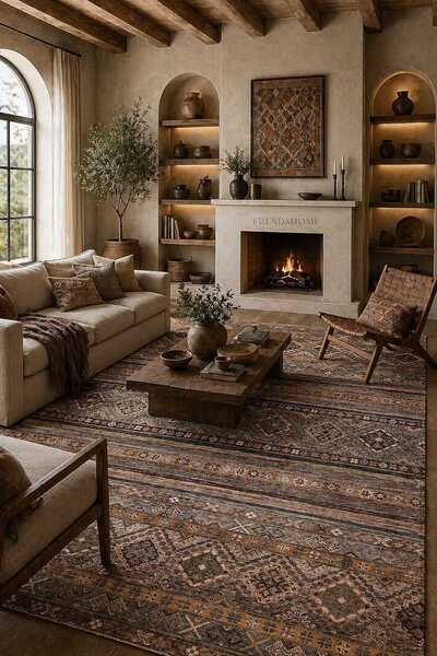 Frenda Etnik Kilim Desenli Pamuk Taban Yıkanabilir Baskılı Dekoratif Halı Vizon