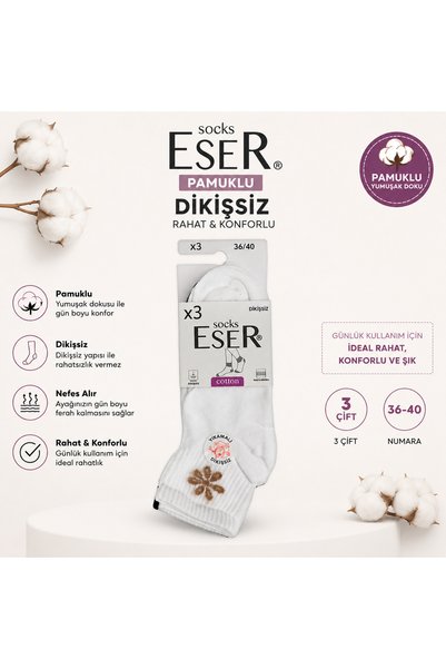 Eser Çorap Kadın 6 Çift Pamuklu Patik Çorap Dikişsiz Çiçek Desenli Siyah Beyaz