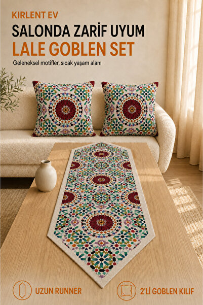 KIRLENT EV Lale Desen Goblen Dokuma Runner Ve Goblen Kılıf Set