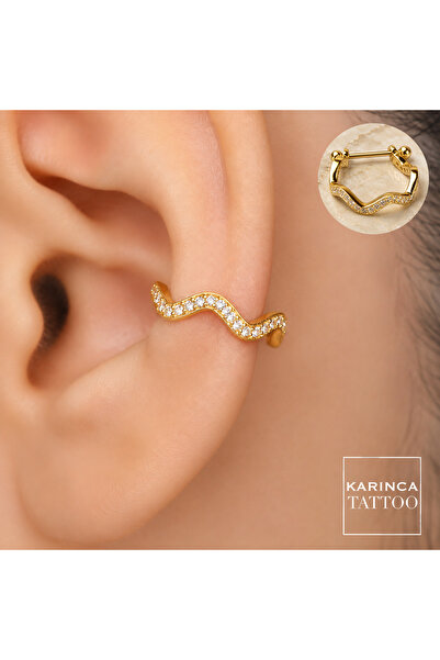 Karınca Piercing Deniz Dalga Rhodium Çelik Zirkon Taşlı Ear Cuff Orbital Conc...