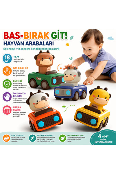 robokids Hayvan Figürlü Bas-Bırak Git Araba | Eğitici Sürtmeli Oyuncak