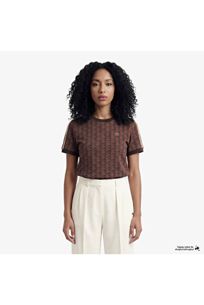 Lacoste Monogram Slim Fit Jacquard Kadın Kahverengi T-Shirt
