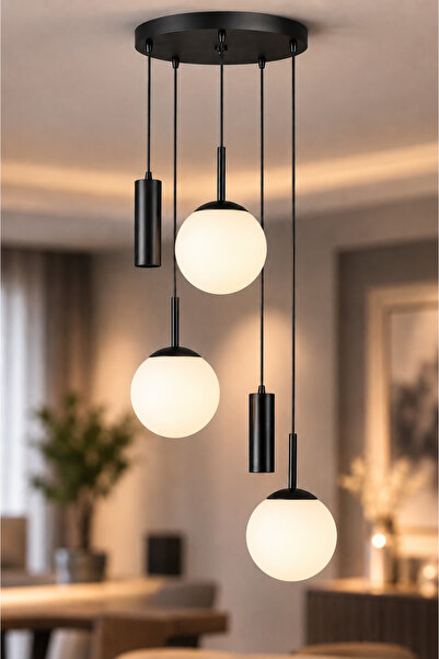 VENON RANA Yuvarlak 5.li SİYAH ❤️ 2 Spot Led ❤️ 3 BEYAZ Glop Camlı ❤️Modern S...