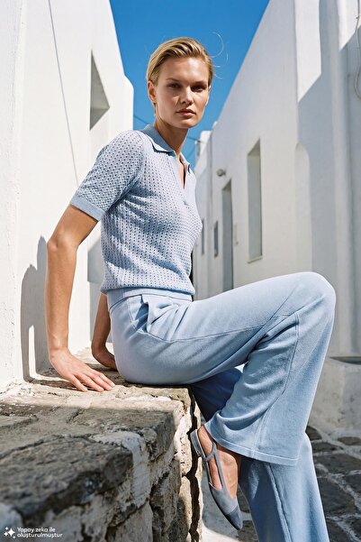 JOIN US Polo Collar Openwork Blue Blouse