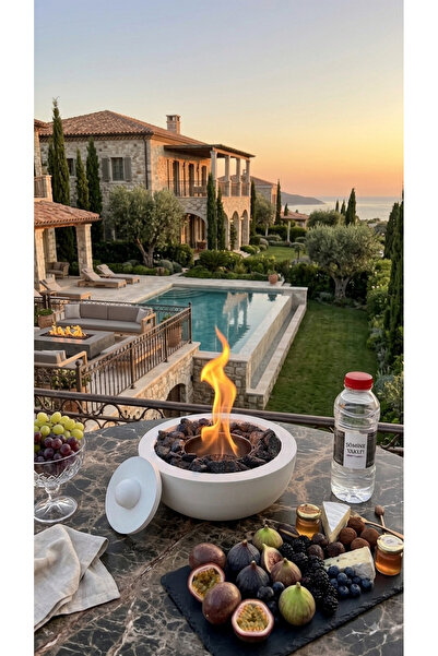 TKC HOME Beyaz Masaüstü Şömine Siyah Taşlı El Yapımı Ateş Çukuru ( 250 ml Bio...