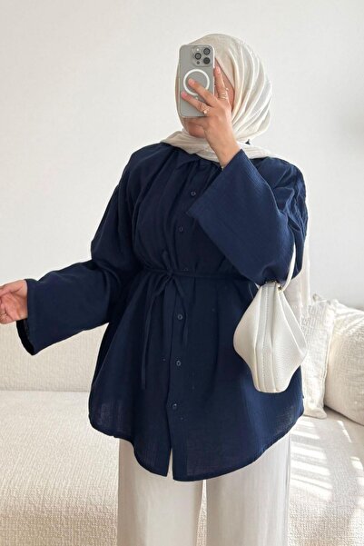 HYWONA Women's 100% Cotton Muslin Oversize Hijab Shirt Tunic Navy Blue