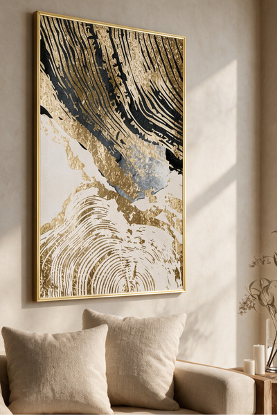 KOLAJTASARIM Siyah, Beyaz ve Gold Desenli Tekli Metal Çerçeveli Tablo /S