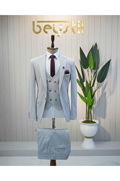 Beystil Sivri Yaka Açıkgri Yelekli Takım Elbise Elanor - Slim Fit