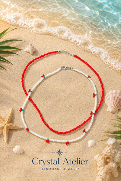 Crystal Atelier 2 Pieces Red And White Beaded Cherry Necklace