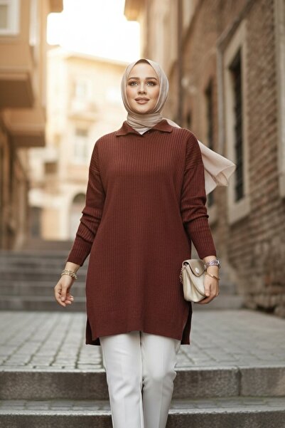 N.S NEVA STYLE Ribbed Dark Brown Hijab Knitwear Tunic 65903Kkh
