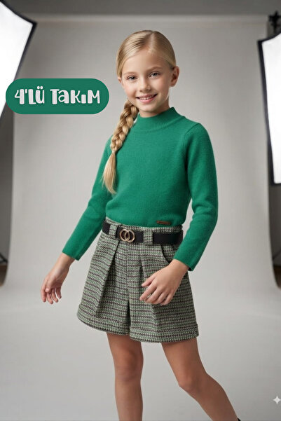 Hilal Akıncı Kids Girl's Knitwear Sweater Houndstooth Model Shorts Belt Black...