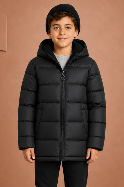 Montland Boy's Black Fleece Hooded Waterproof Windproof Puffed Winter Coat wi...