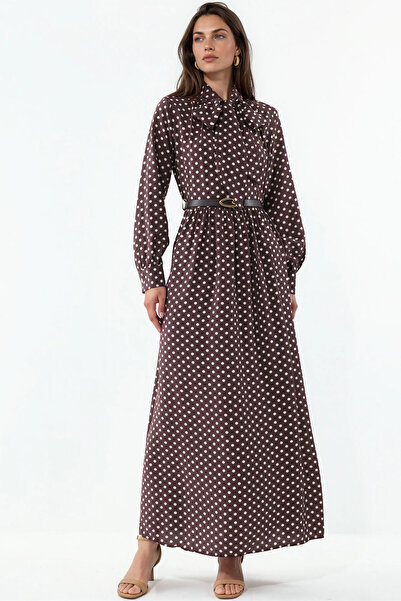 Merterium Women's Belted Polka Dot Hijab Dress 1537 - Brown