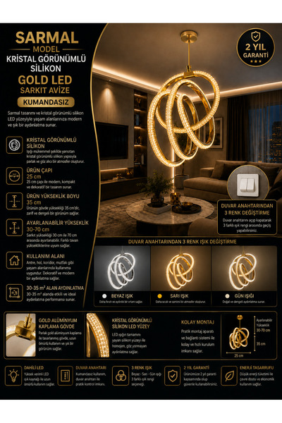 Sarmal Model Kristal Görünüm Silikon Gold LED Sarkıt Avize - 3 Renk Aydınlatma (KUMANDASIZ)