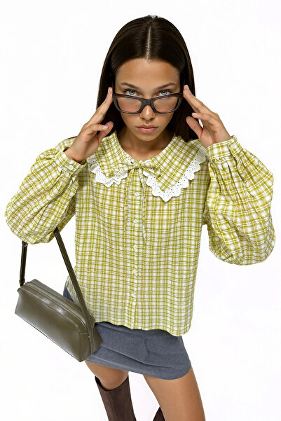 Merterium Women's Lace Collar Plaid Shirt 1507 - Yellow