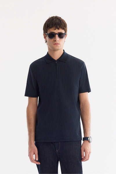 Avva Men's Navy Blue Non-Curling Polo Collar Zippered 100% Cotton Regular Fit...
