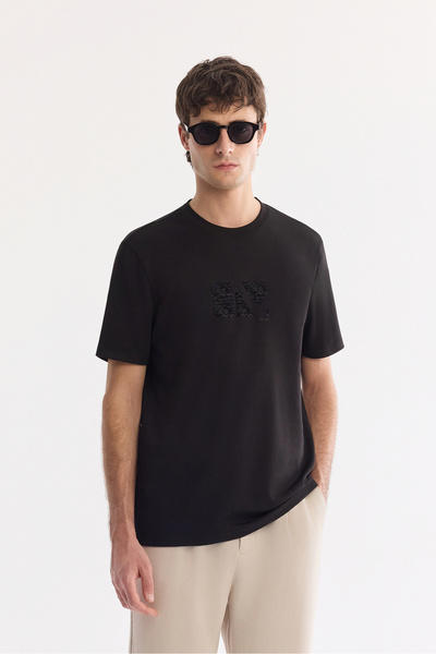 Avva Men's Black Crew Neck Printed Viscose Blended Bi-Stretch Regular Fit T-S...