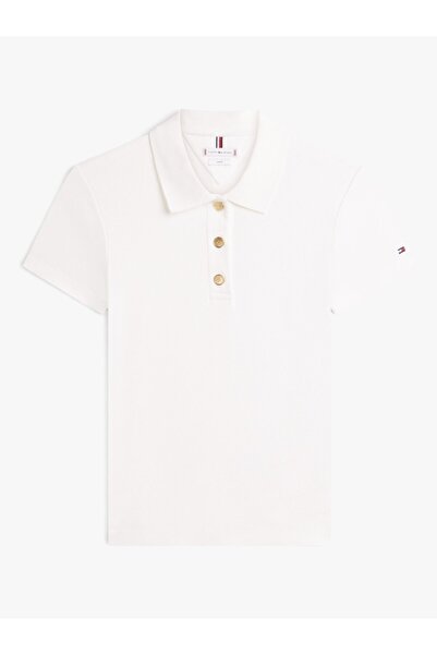 Tommy Hilfiger GOLD BUTTON SLIM SS POLO Kadın Beyaz T-Shirt - WW0WW49252