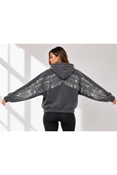 MOONBULL Kadın Sırt Taş Baskı Detaylı Kapüşonlu Sweatshirt