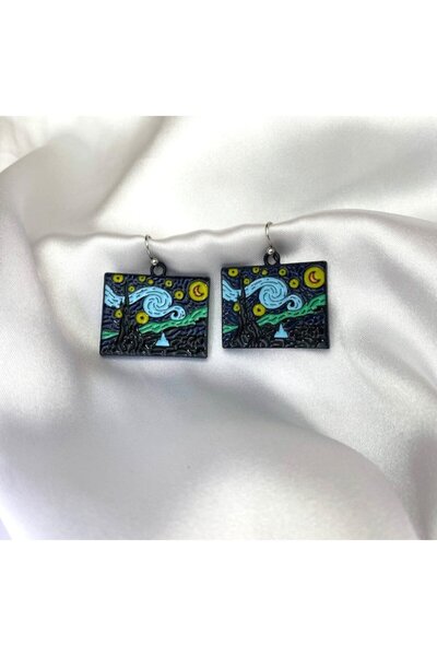 Herşey Nota Van Gogh Starry Night Painting Earrings