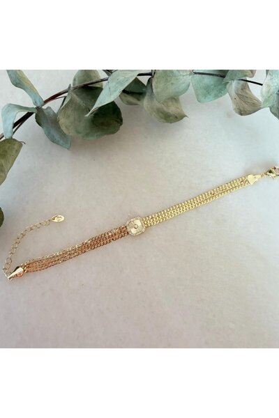Nes Three Chain Gold Bracelet with Square Plate (17+5 cm)