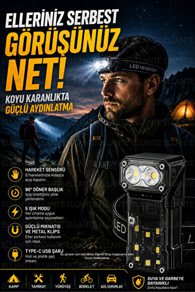 ellante Çok Fonksiyonlu LED Kafa Feneri ve El Feneri – Hareket Sensörlü, 90° ...