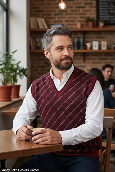 Kamalı Men's Burgundy Anti-Pilling Fabric Standard Fit Regular Cut V-Neck Kni...
