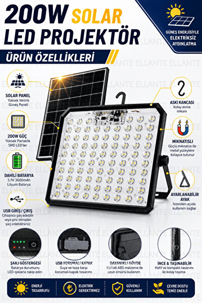 ellante 200W Solar LED Projektör USB Şarjlı Powerbank Özellikli Güneş Enerjil...