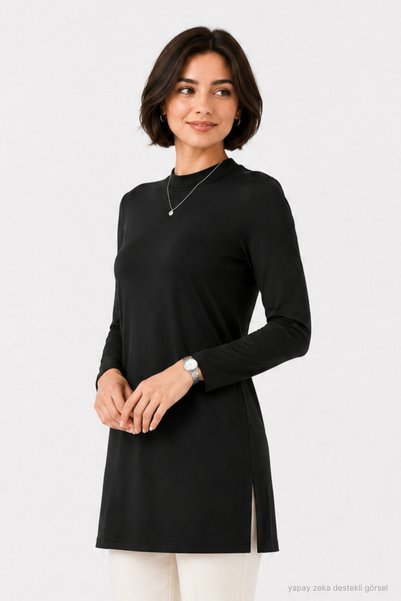 penyebizden Premium Viscose High Collar Long Tunic -Black