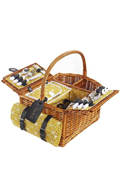Picnic&co Piknik Sepeti 4 Kişilik El Yapımı Hasır Piknik Seti Yıldız Desenli ...