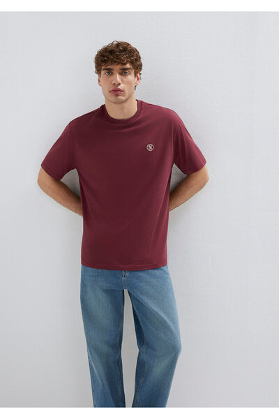 Mavi Logo-besticktes bordeauxrotes Basic-T-Shirt mit lockerer Passform / bequ...