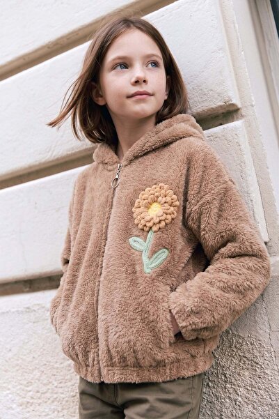 Fulla Moda Floral Embroidered Zippered Girls' Plush Coat