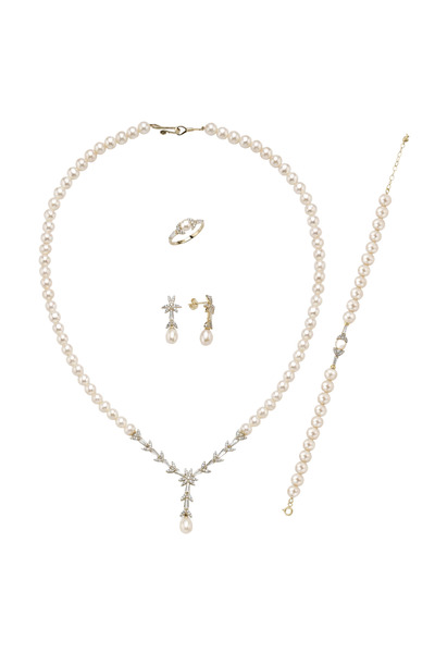 birinci 1926 14 Ayar Altın 6 mm Yaprak Modelli Doğal İnci Küpe Kolye Bileklik...