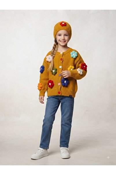 Hilal Akıncı Kids Girl's Daisy Embroidered Knitwear Cardigan Jeans Pants Beanie