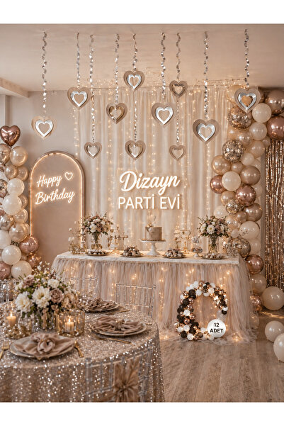 Dizayn Parti Evi 3D Kalpli Tavan Sarkıt Süs 12 Adet – Parti Dekoru Doğum Günü...