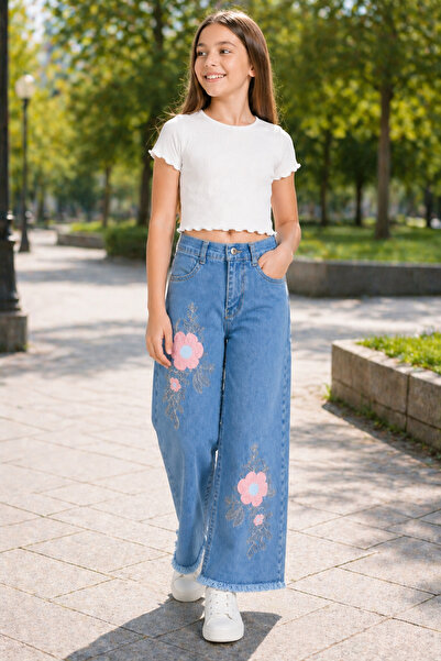 NAWİ 26904-26 Girls' Denim Trousers Wide Leg Floral Embroidery Detailed Tasse...
