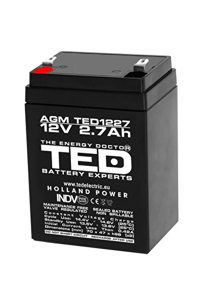 TED Electric Acumulator Stationar AGM VRLA Etans 12V 2.7A F1 T1, Dimensiuni 7...