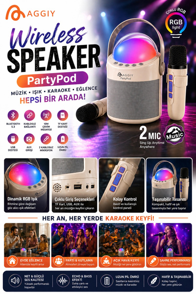 Vothoon PartyPod Bluetooth 5.3 Destekli Çok Fonksiyonlu Kablosuz Mikrofon Ve Hoparlör