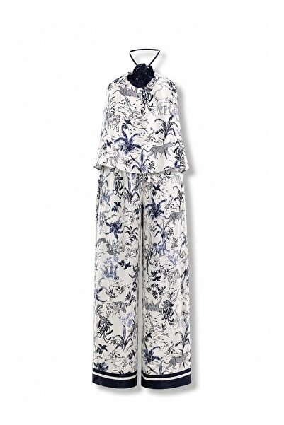 5in1Canpolat Navy Blue Patterned Satin Set