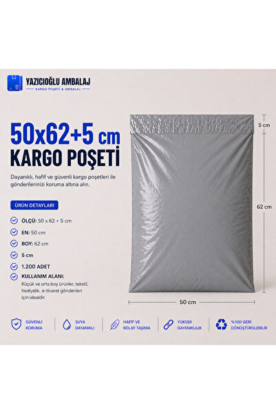 50X62+5 CEPSİZ KARGO POŞET - 1.200 ADET - DIŞI GRİ İÇİ SİYAH / İÇ GÖSTERMEZ