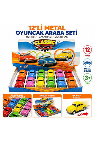 MİNDO Klasik Vosvos Metal Araba Seti 12 Adet – Çek Bırak Oyuncak Araba