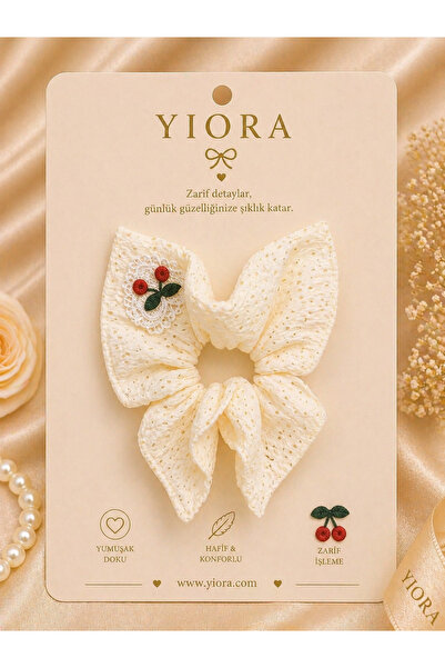 yiora Κορδέλα μαλλιών από μαλακό ύφασμα δαντέλας με κέντημα κερασί σε κρεμ χρ...