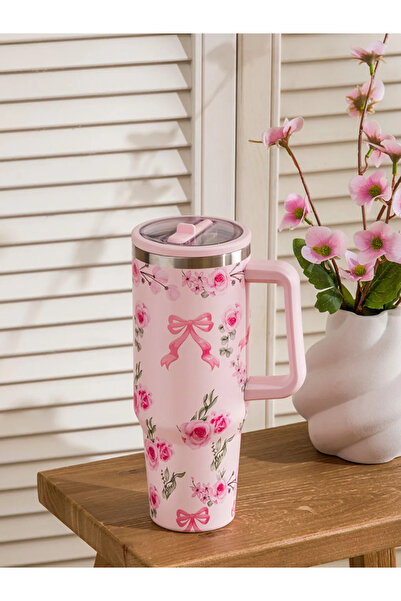 LC Waikiki LCW JOY Karışık Çiçek Ve Fiyonk Desenli Kulplu Matara Kupa 1200 Ml