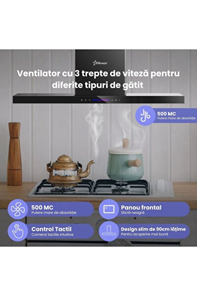 STARCREST Hota incorporabila decorativa SDH-9100BK, Putere de absorbtie 500 m3/h, Control touch, Iluminare LED, Clasa A+, 90cm, Negru + Sticla neagra